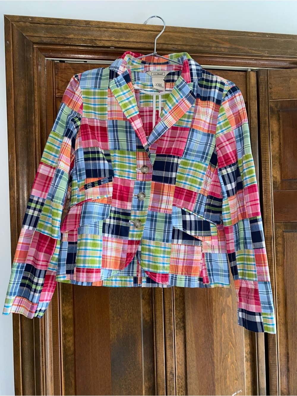 L.L. Bean Women's 100% Cotton Multi-Color Patchwork Plaid Blazer, Size 6 Regular